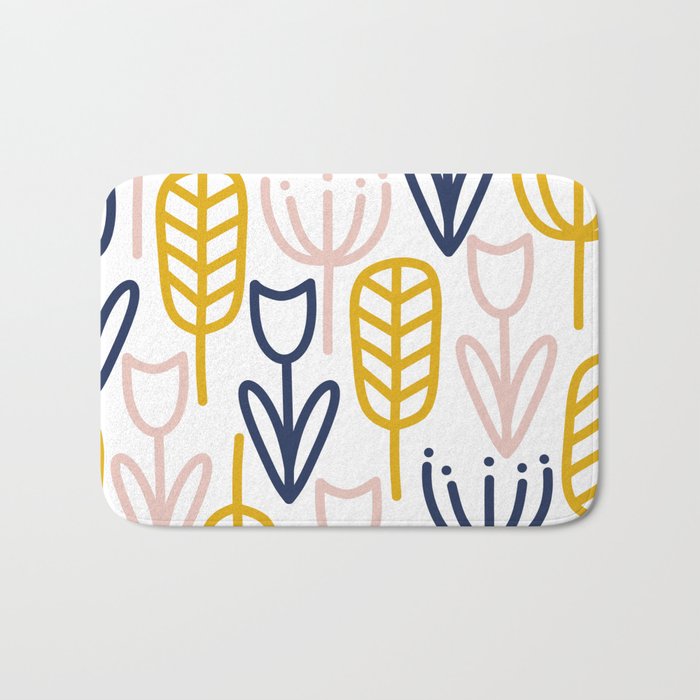 Cheerful Garden Minimalist Botanical Pattern in Mustard, Blush Pink, Navy Blue, and White Bath Mat Gallery Image 1