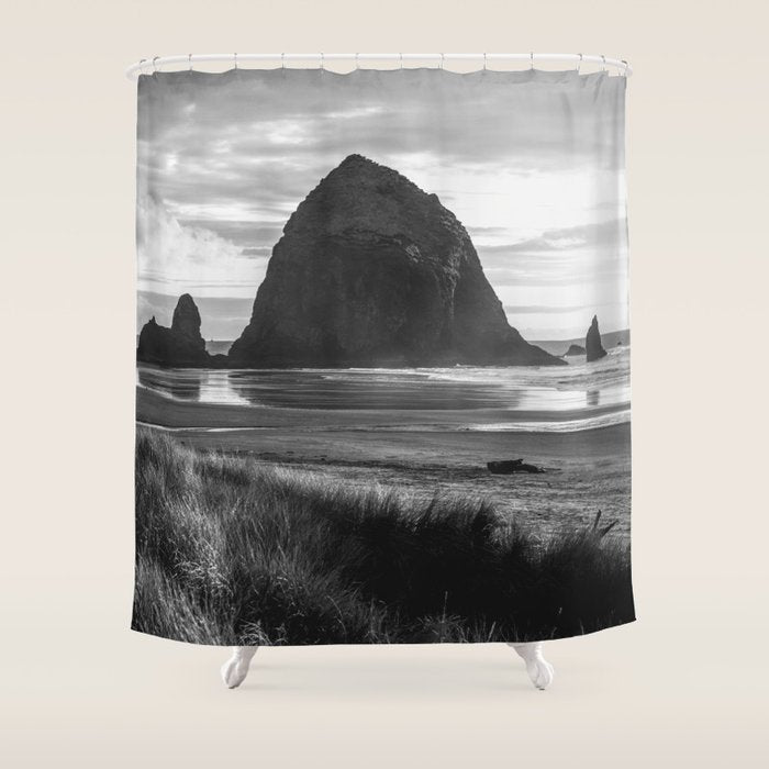 Cannon Beach Sunset - Black and White Nature Photography Shower Curtain Gallery Image 1