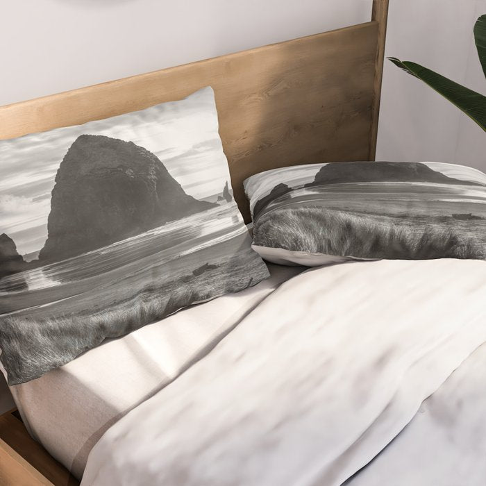 Cannon Beach Sunset - Black and White Nature Photography Pillow Sham Gallery Image 2