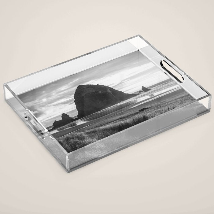 Cannon Beach Sunset - Black and White Nature Photography Acrylic Tray Gallery Image 1