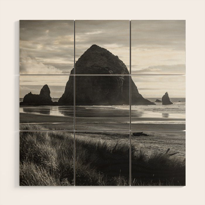 Cannon Beach Sunset - Black and White Nature Photography Wood Wall Art Gallery Image 1
