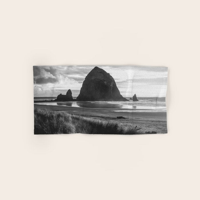 Cannon Beach Sunset - Black and White Nature Photography Bath Towel Gallery Image 1