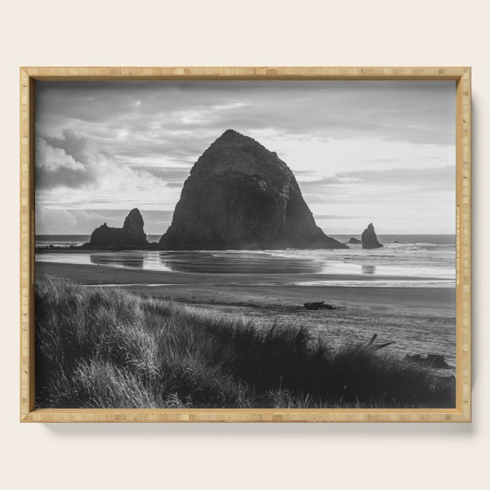 Cannon Beach Sunset - Black and White Nature Photography Serving Tray Gallery Image 1