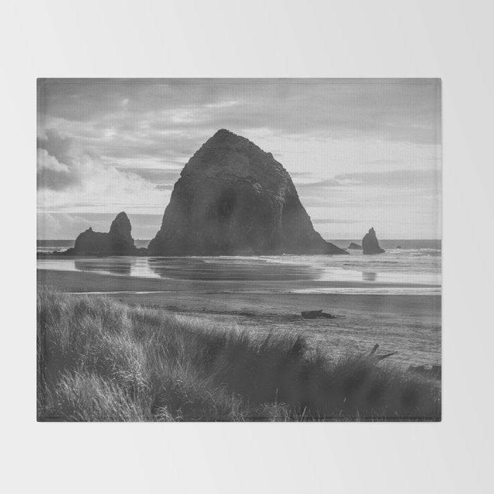 Cannon Beach Sunset - Black and White Nature Photography Throw Blanket Gallery Image 2
