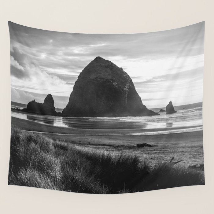 Cannon Beach Sunset - Black and White Nature Photography Wall Tapestry Gallery Image 4