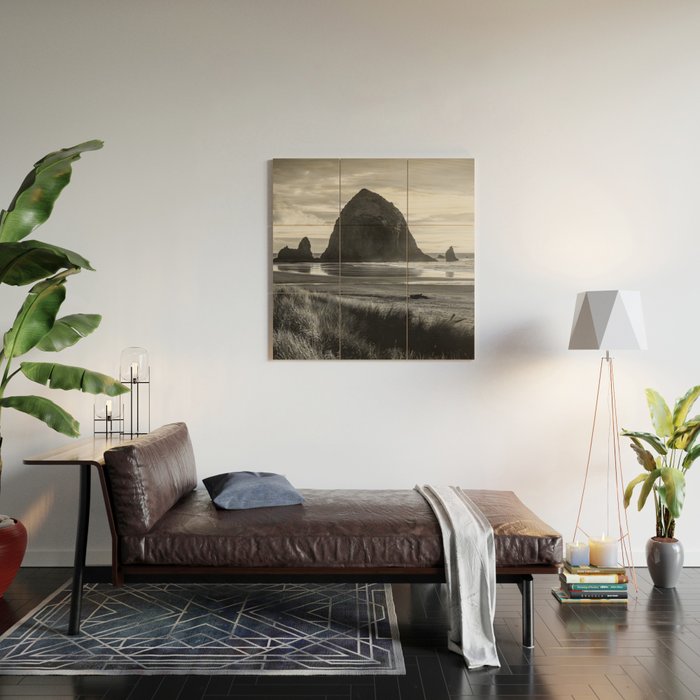 Cannon Beach Sunset - Black and White Nature Photography Wood Wall Art Gallery Image 2