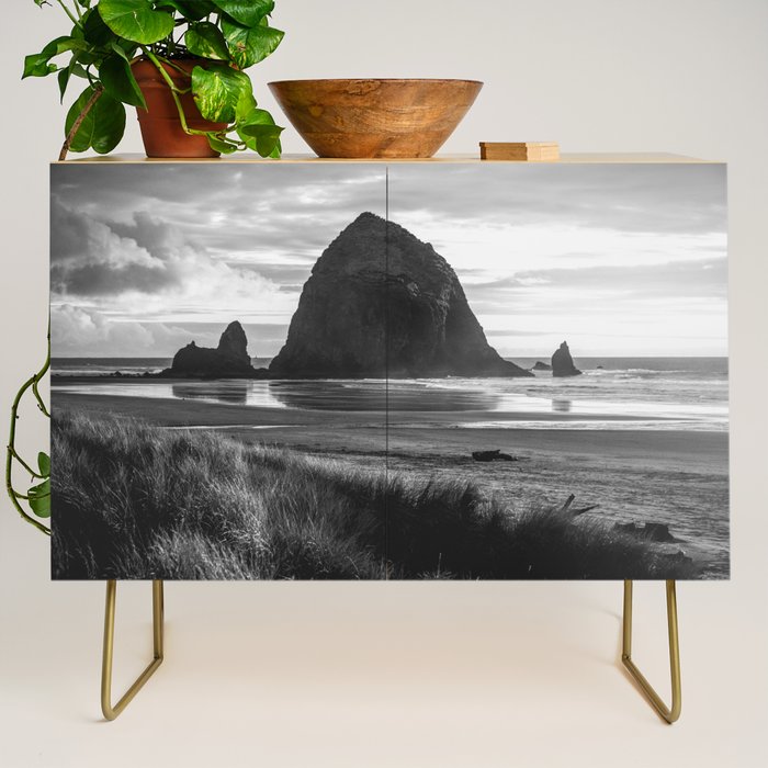 Cannon Beach Sunset - Black and White Nature Photography Credenza Gallery Image 1
