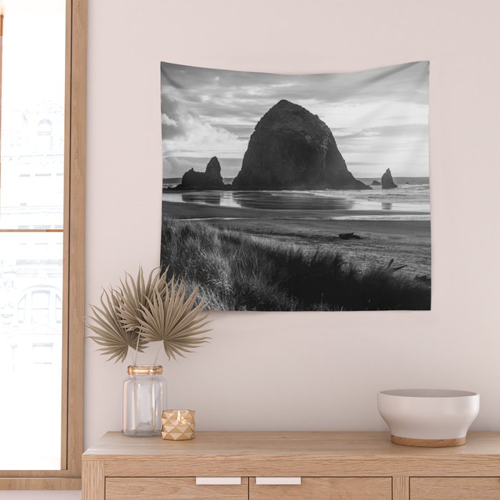 Cannon Beach Sunset - Black and White Nature Photography Wall Tapestry Gallery Image 2