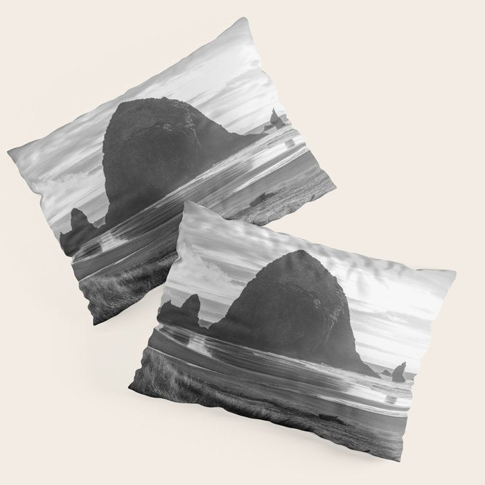 Cannon Beach Sunset - Black and White Nature Photography Pillow Sham Gallery Image 3