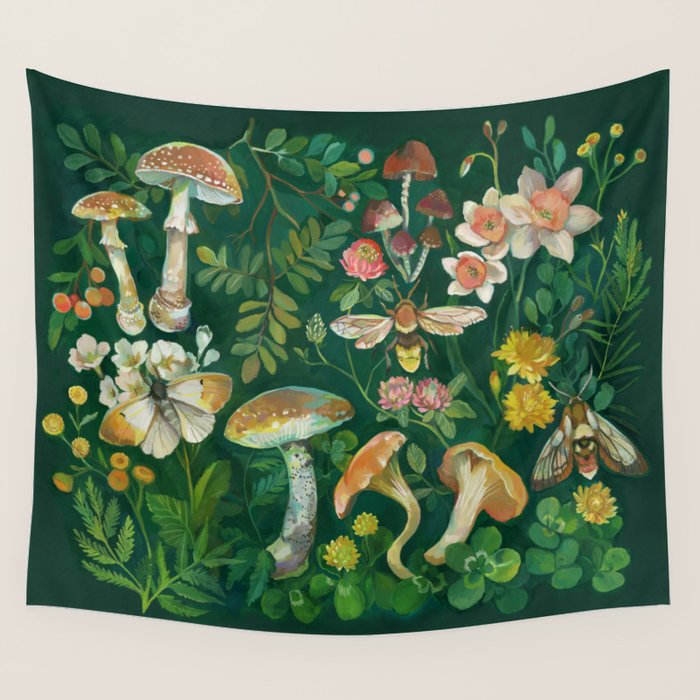 Mushrooms Dandelion Garden Wall Tapestry Gallery Image 1