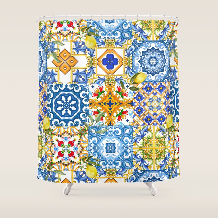 Mediterranean tiles,lemon art,mosaic tiles pattern  Shower Curtain Gallery Image 1