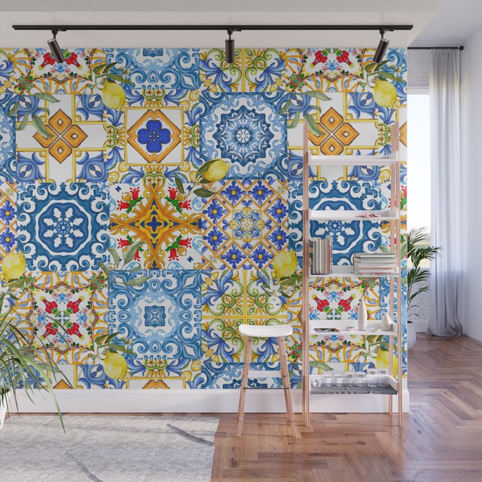Mediterranean tiles,lemon art,mosaic tiles pattern  Wall Mural Gallery Image 1