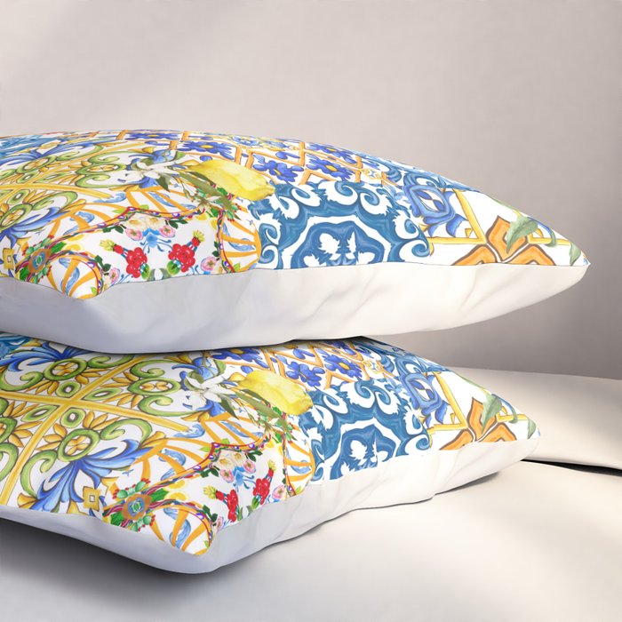 Mediterranean tiles,lemon art,mosaic tiles pattern  Pillow Sham Gallery Image 3