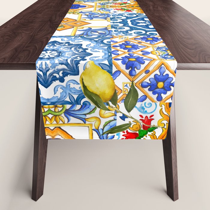 Mediterranean tiles,lemon art,mosaic tiles pattern  Table Runner Gallery Image 1