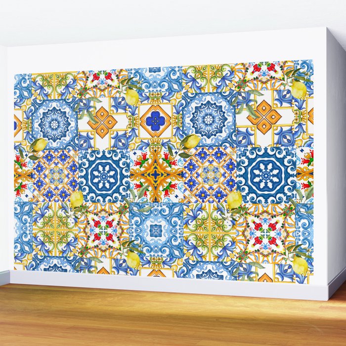 Mediterranean tiles,lemon art,mosaic tiles pattern  Wall Mural Gallery Image 2