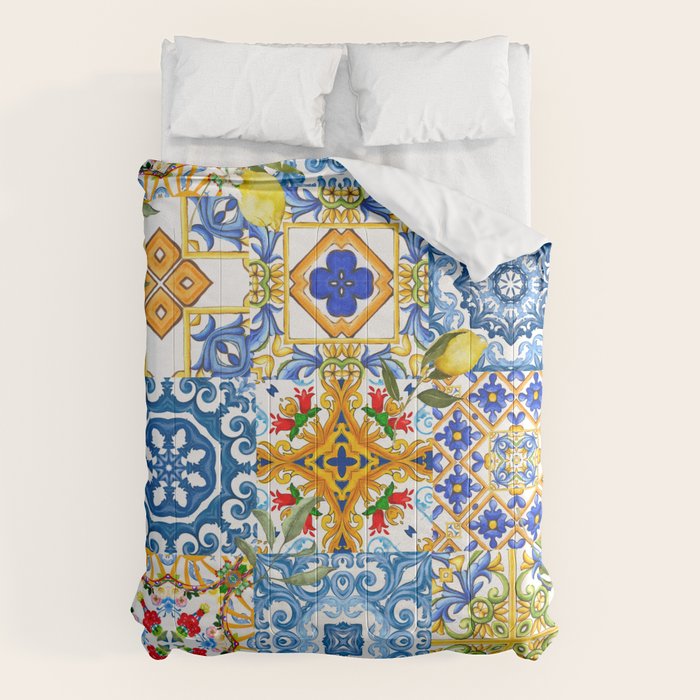 Mediterranean tiles,lemon art,mosaic tiles pattern  Comforter Gallery Image 1