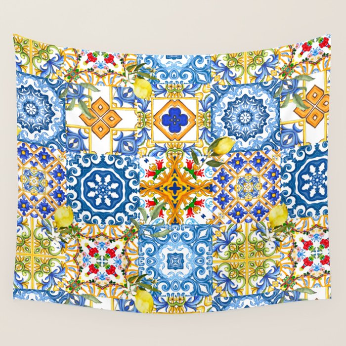 Mediterranean tiles,lemon art,mosaic tiles pattern  Wall Tapestry Gallery Image 1