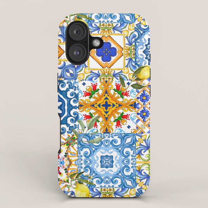 Mediterranean tiles,lemon art,mosaic tiles pattern  iPhone Case Gallery Image 1