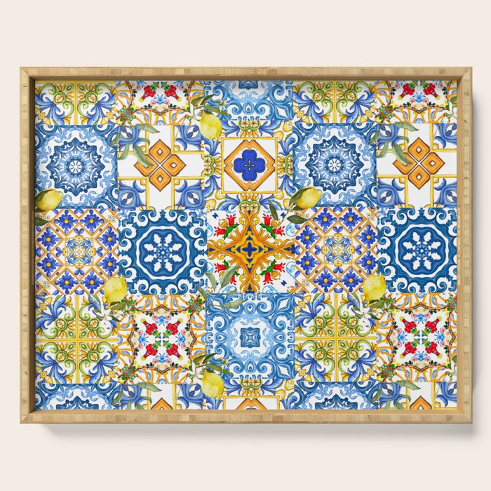 Mediterranean tiles,lemon art,mosaic tiles pattern  Serving Tray Gallery Image 1