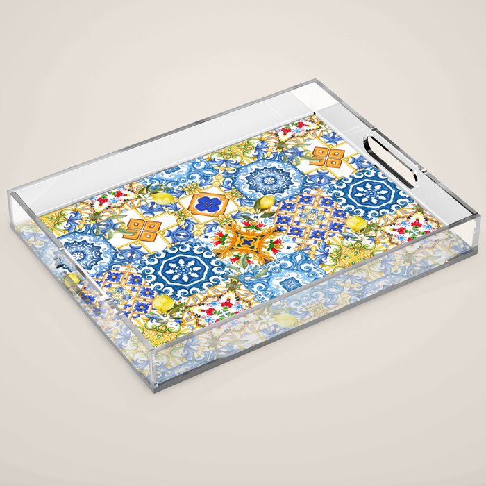 Mediterranean tiles,lemon art,mosaic tiles pattern  Acrylic Tray Gallery Image 1