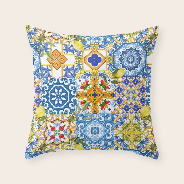 Mediterranean tiles,lemon art,mosaic tiles pattern  Throw Pillow Gallery Image 1