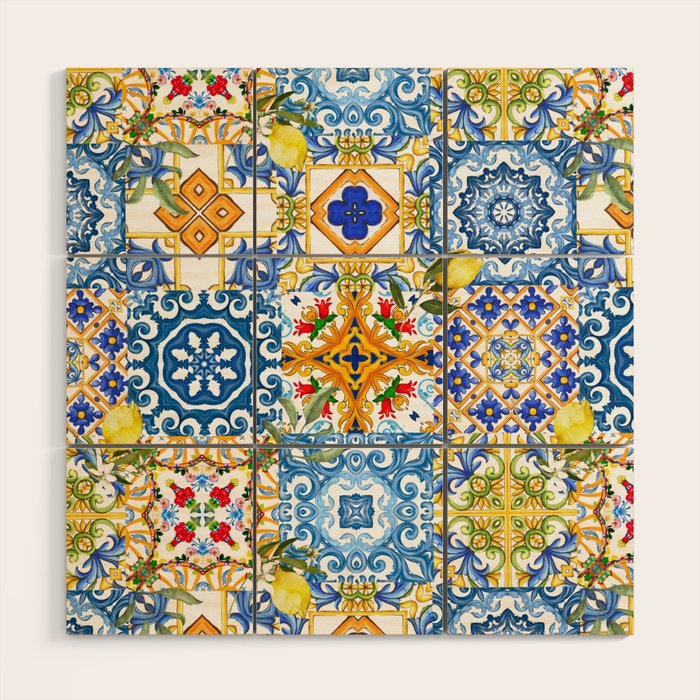 Mediterranean tiles,lemon art,mosaic tiles pattern  Wood Wall Art Gallery Image 1