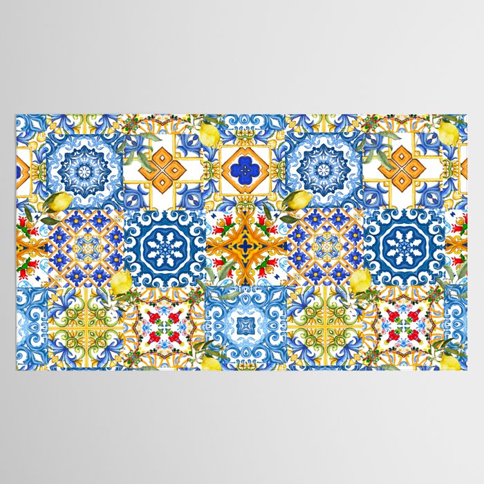 Mediterranean tiles,lemon art,mosaic tiles pattern  Tablecloth Gallery Image 2