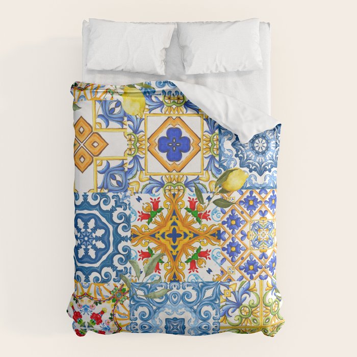 Mediterranean tiles,lemon art,mosaic tiles pattern  Duvet Cover Gallery Image 1