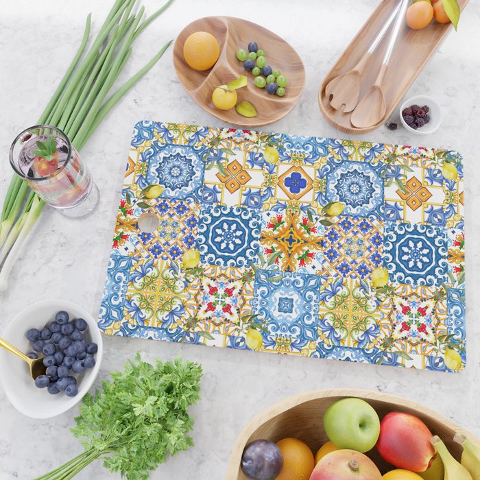 Mediterranean tiles,lemon art,mosaic tiles pattern  Cutting Board Gallery Image 2