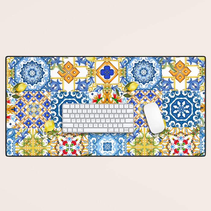 Mediterranean tiles,lemon art,mosaic tiles pattern  Desk Mat Gallery Image 1
