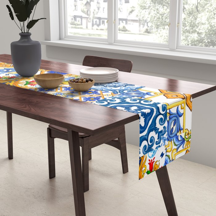 Mediterranean tiles,lemon art,mosaic tiles pattern  Table Runner Gallery Image 2