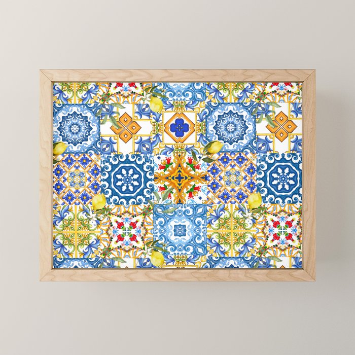 Mediterranean tiles,lemon art,mosaic tiles pattern  Mini Art Print Gallery Image 1