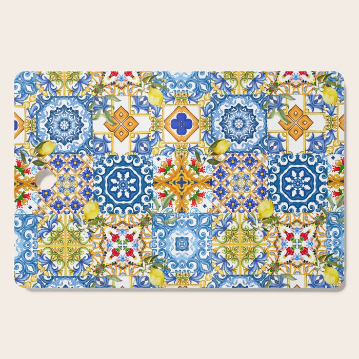 Mediterranean tiles,lemon art,mosaic tiles pattern  Cutting Board Gallery Image 1