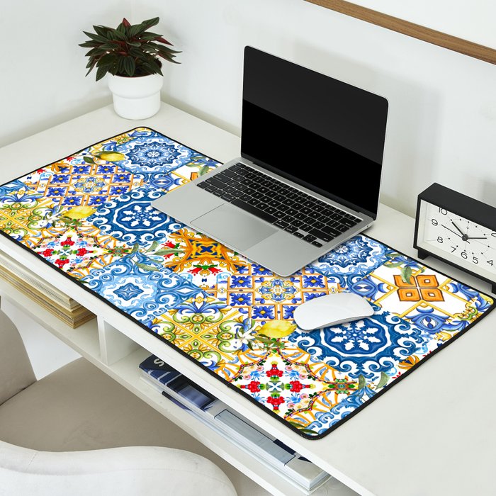 Mediterranean tiles,lemon art,mosaic tiles pattern  Desk Mat Gallery Image 2