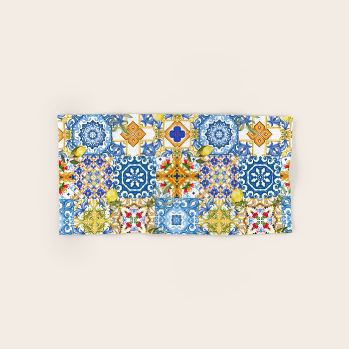 Mediterranean tiles,lemon art,mosaic tiles pattern  Bath Towel Gallery Image 1