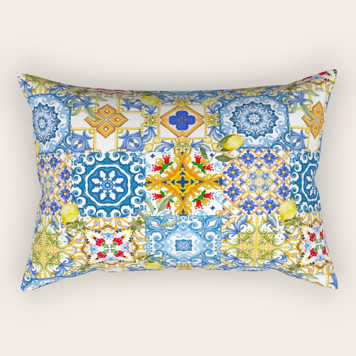 Mediterranean tiles,lemon art,mosaic tiles pattern  Rectangular Pillow Gallery Image 2