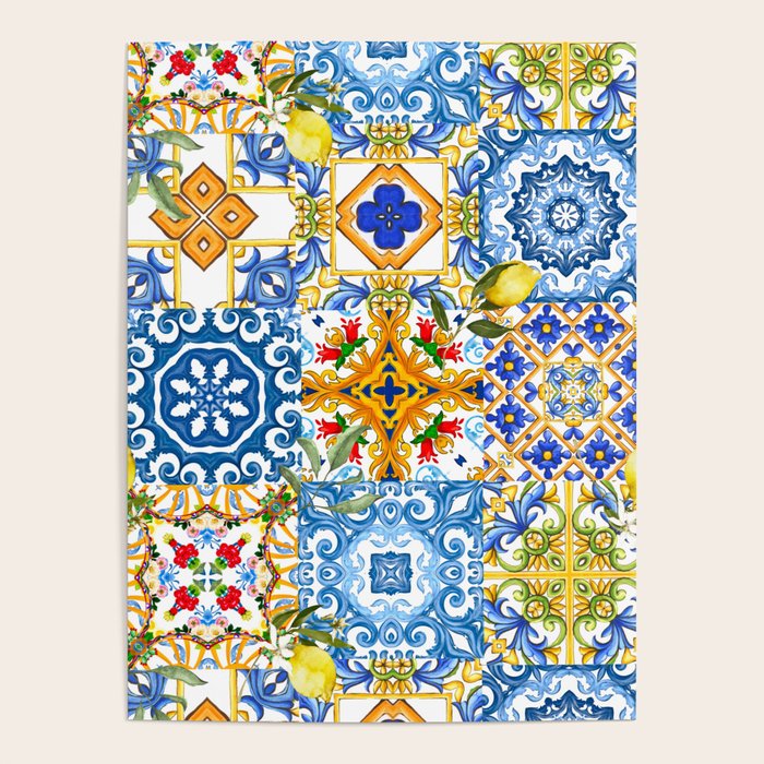 Mediterranean tiles,lemon art,mosaic tiles pattern  Poster Gallery Image 1