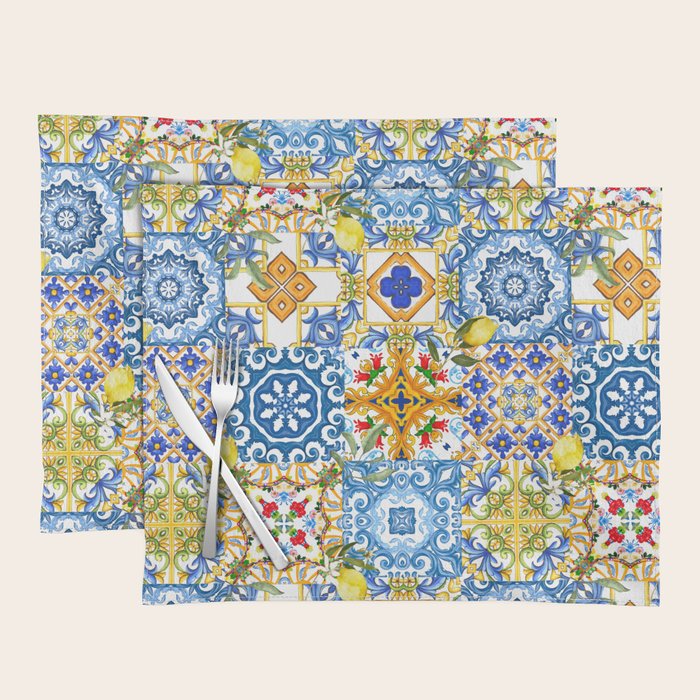 Mediterranean tiles,lemon art,mosaic tiles pattern  Placemat Gallery Image 1