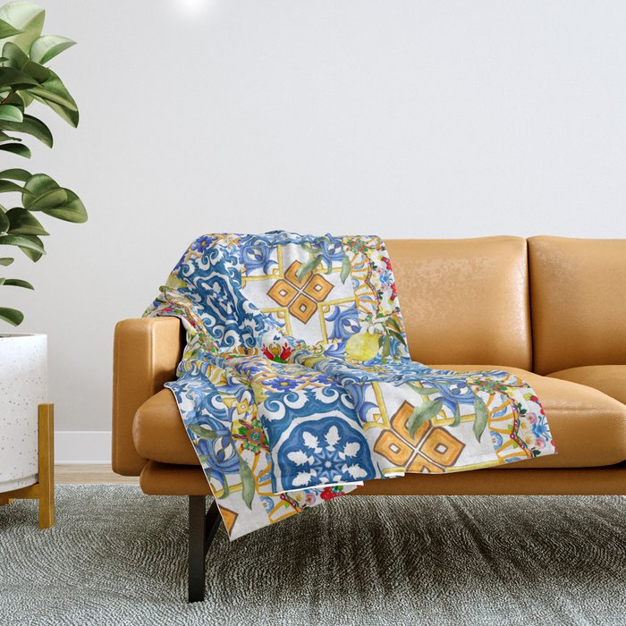 Mediterranean tiles,lemon art,mosaic tiles pattern  Throw Blanket Gallery Image 1