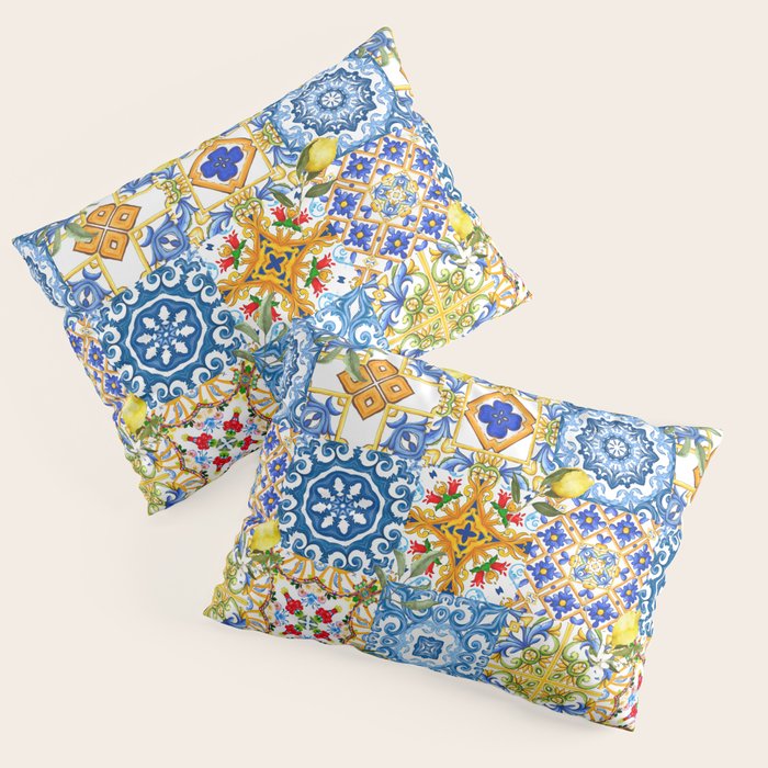 Mediterranean tiles,lemon art,mosaic tiles pattern  Pillow Sham Gallery Image 3