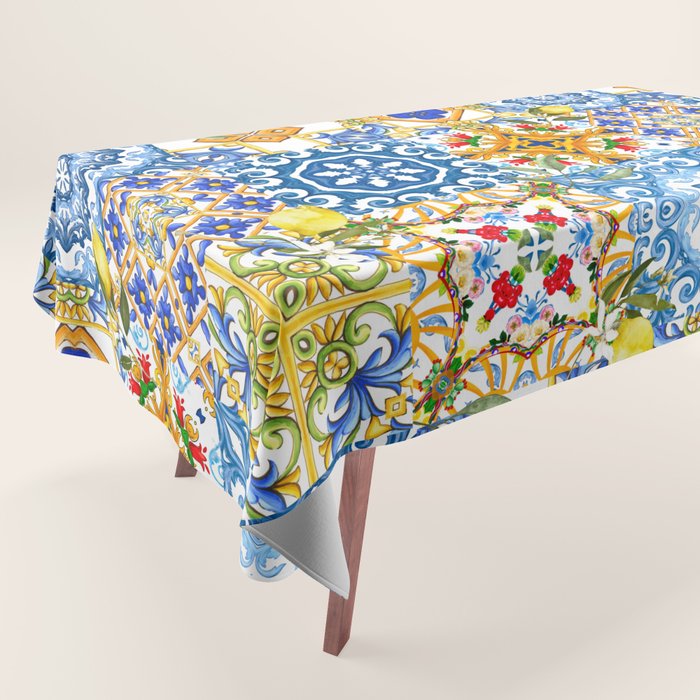 Mediterranean tiles,lemon art,mosaic tiles pattern  Tablecloth Gallery Image 1