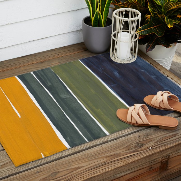 Late November Rothko Inspired Colorful Stripes Navy Blue Olive Green Yellow Outdoor Rug Gallery Image 2