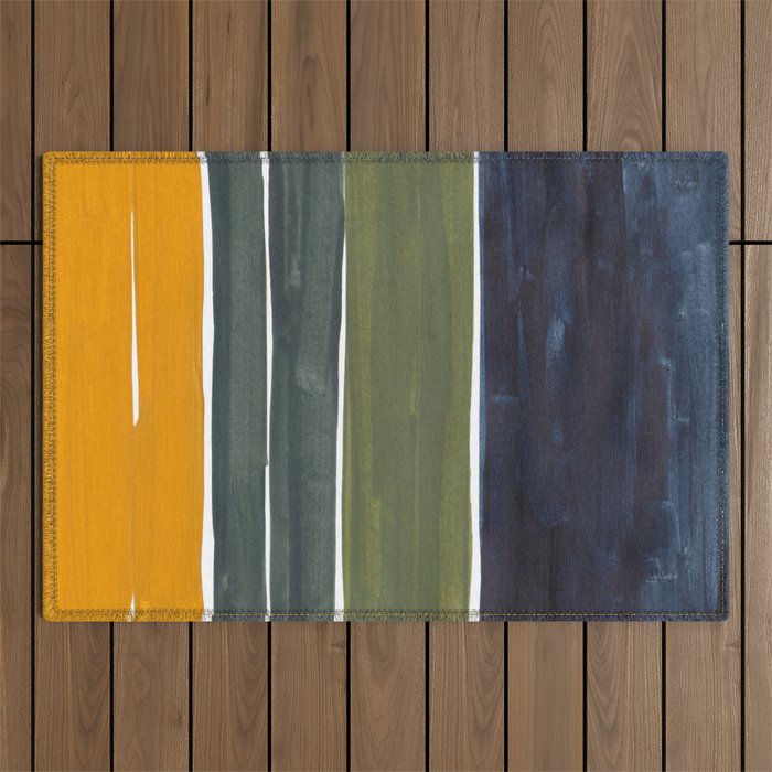 Late November Rothko Inspired Colorful Stripes Navy Blue Olive Green Yellow Outdoor Rug Gallery Image 1