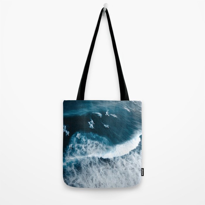 Aerial Surf Print - Surfers Riding Big Ocean Wave Tote Bag Gallery Image 2