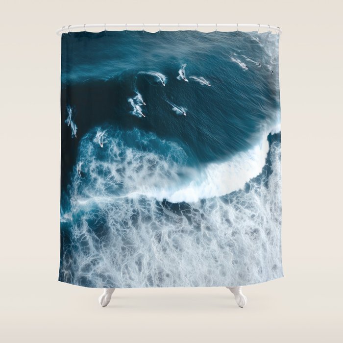 Aerial Surf Print - Surfers Riding Big Ocean Wave Shower Curtain Gallery Image 1