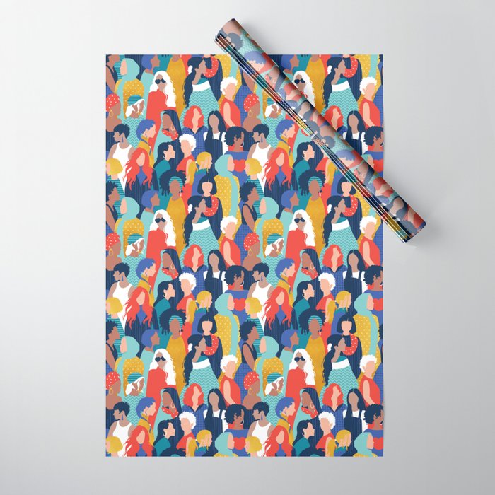 Every day we glow International Women's Day // midnight navy blue background teal, mint, electric blue neon orange red and gold humans  Wrapping Paper Gallery Image 1