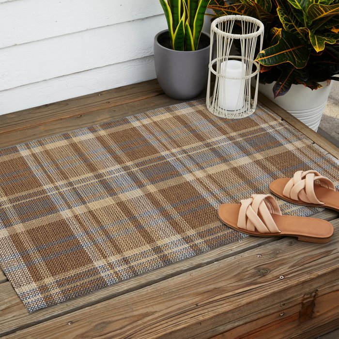 Beige Brown Tartan Plaid Pattern Outdoor Rug Gallery Image 2
