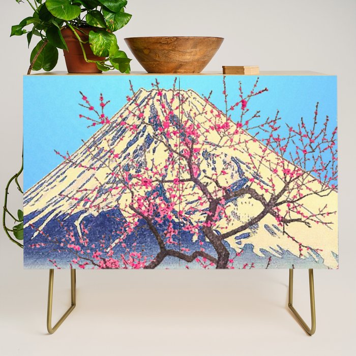 Growing before the Mountain-God - Summer Tree, Lake & Mountain Ukiyoe Nature Landscape in Blue & Pinkn Credenza Gallery Image 1