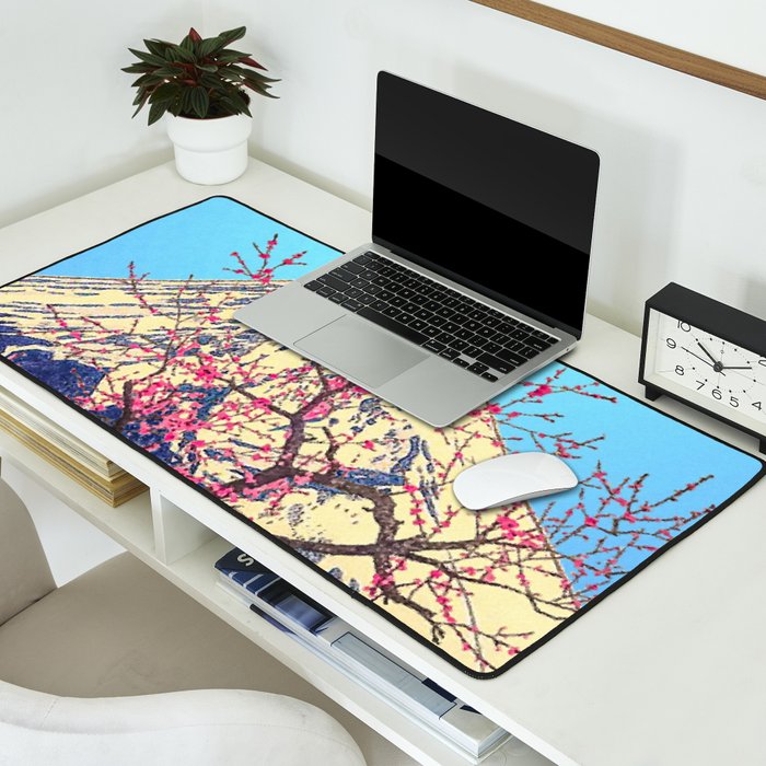 Growing before the Mountain-God - Summer Tree, Lake & Mountain Ukiyoe Nature Landscape in Blue & Pinkn Desk Mat Gallery Image 2