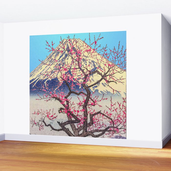 Growing before the Mountain-God - Summer Tree, Lake & Mountain Ukiyoe Nature Landscape in Blue & Pinkn Wall Mural Gallery Image 2